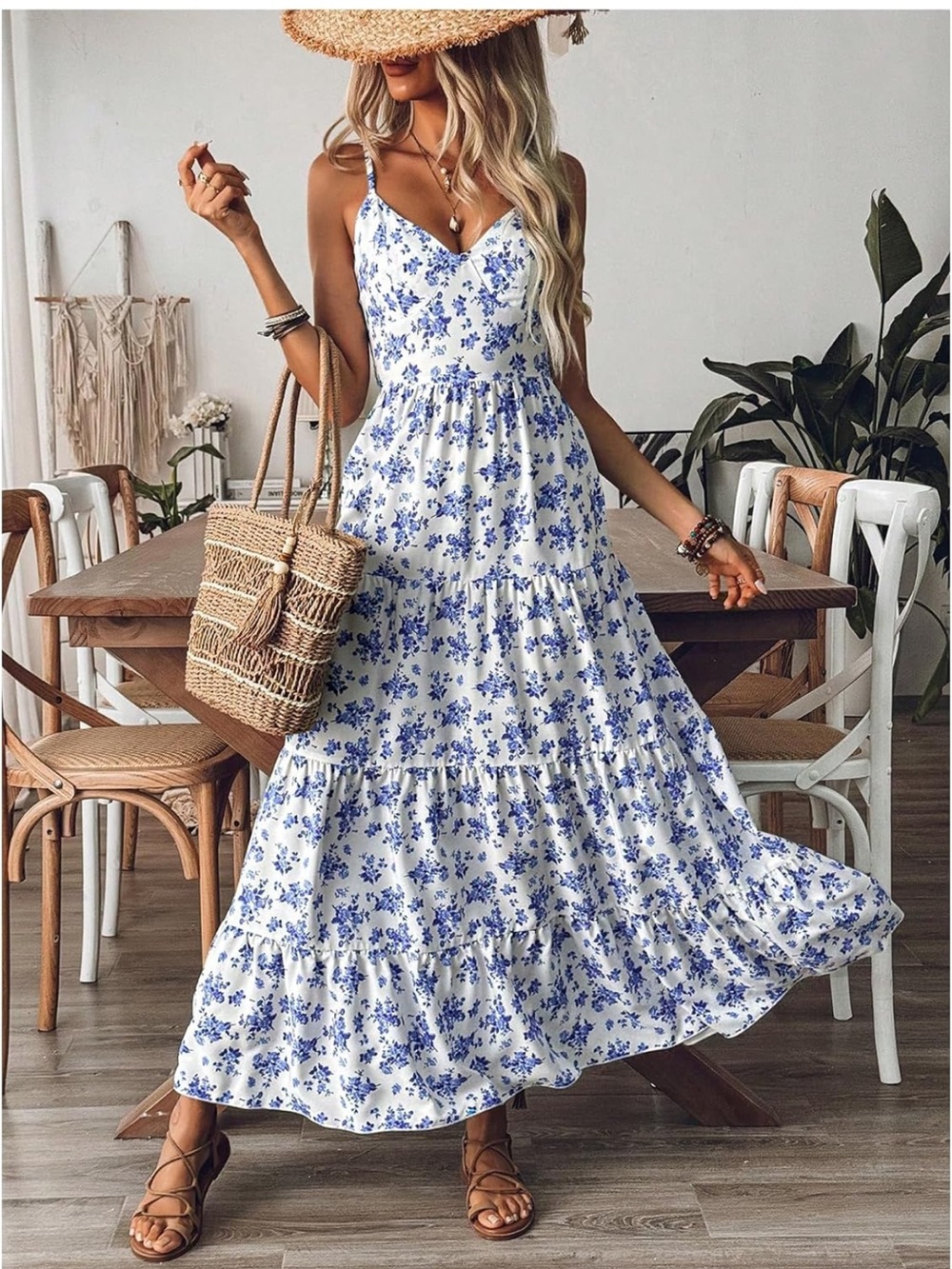 Blue Floral Full Length Tie Back Dress